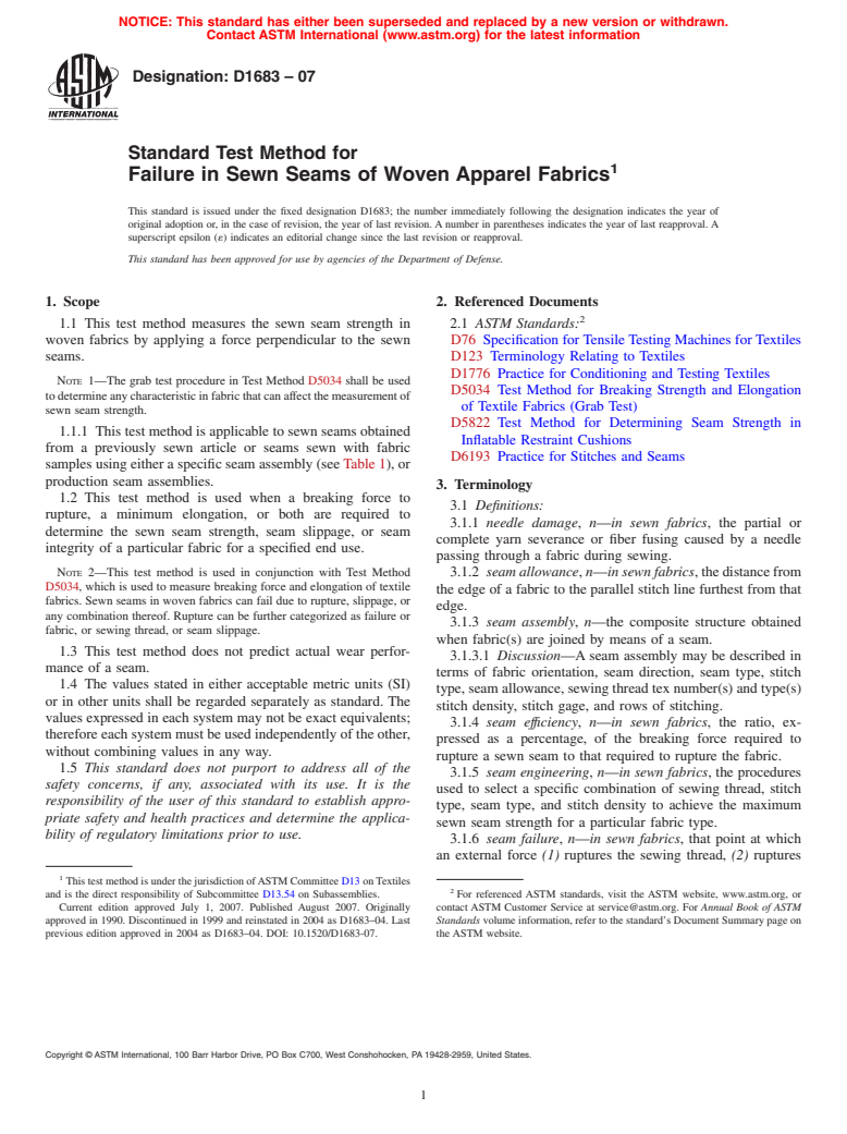 ASTM D1683-07 - Standard Test Method for Failure in Sewn Seams of Woven Apparel Fabrics