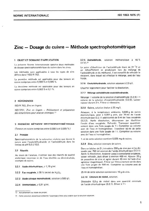 ISO 1053:1975 - Zinc -- Dosage du cuivre -- Méthode spectrophotométrique