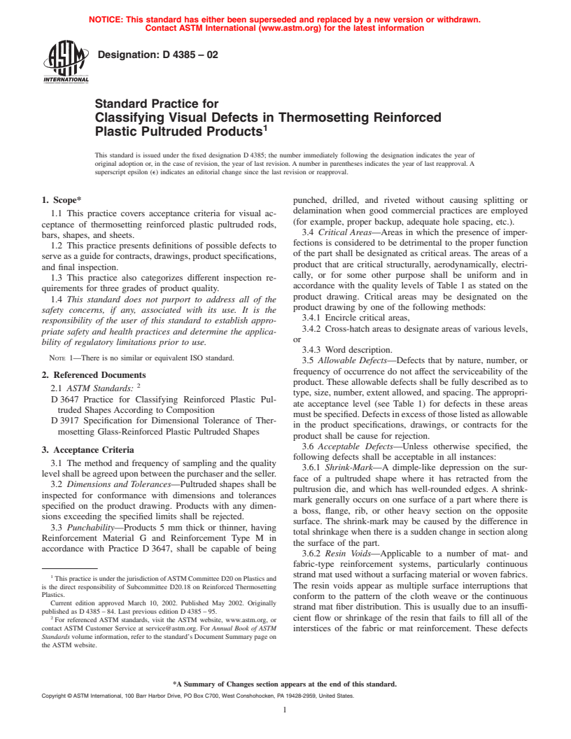 ASTM D4385-02 - Standard Practice for Classifying Visual Defects in Thermosetting Reinforced Plastic Pultruded Products