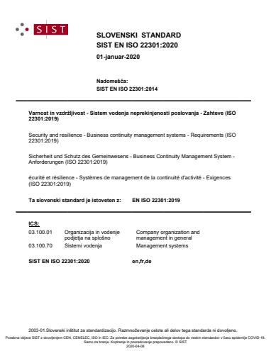 SIST  COVID SIST EN ISO 22301_2020