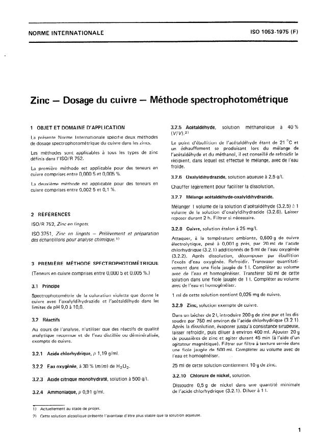 ISO 1053:1975 - Zinc -- Dosage du cuivre -- Méthode spectrophotométrique