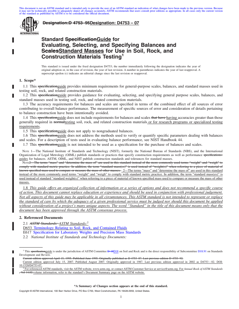 REDLINE ASTM D4753-07 - Standard Guide for Evaluating, Selecting, and Specifying Balances and Standard Masses for Use in Soil, Rock, and Construction Materials Testing