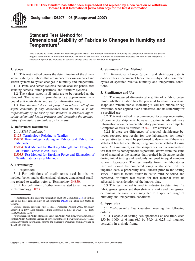 ASTM D6207-03(2007) - Standard Test Method for Dimensional Stability of Fabrics to Changes in Humidity and Temperature