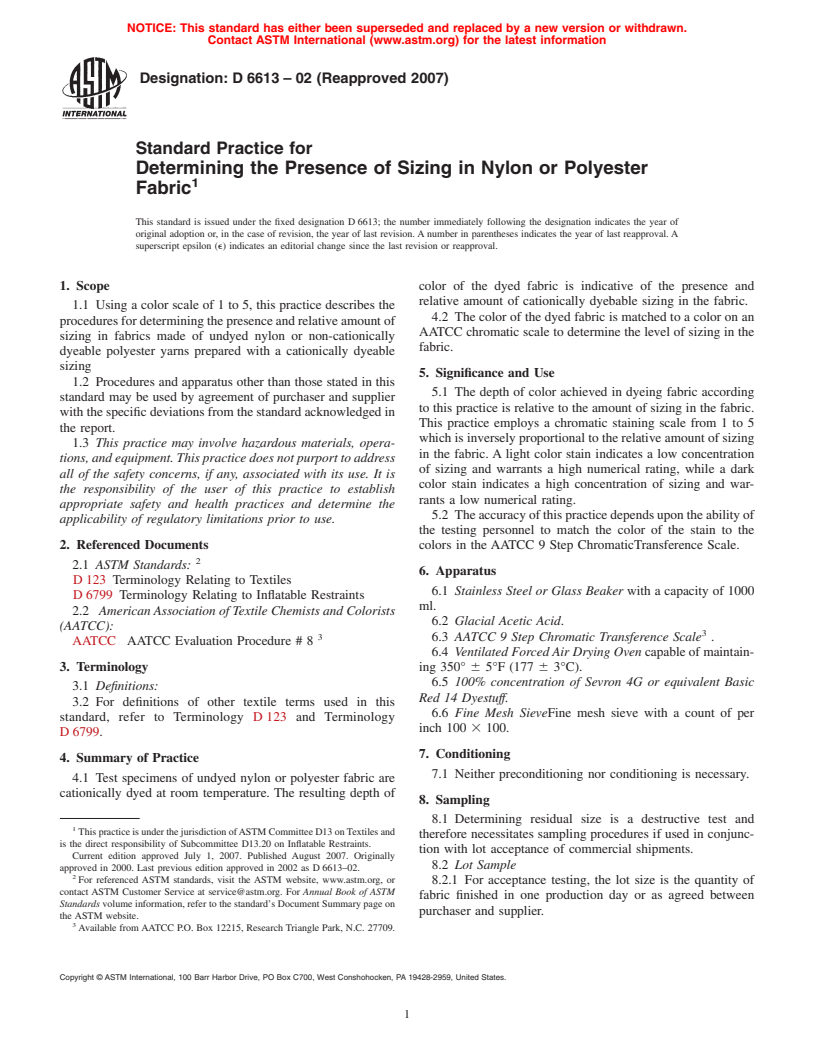 ASTM D6613-02(2007) - Standard Practice for Determining the Presence of Sizing in Nylon or Polyester Fabric