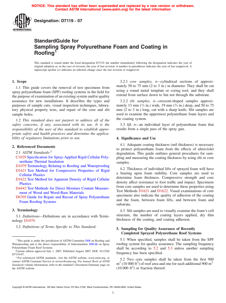 ASTM D7119-07 - Standard Guide for Sampling Spray Polyurethane Foam and Coating in Roofing