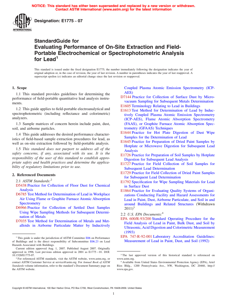 ASTM E1775-07 - Standard Guide for Evaluating Performance of On-Site Extraction and Field-Portable Electrochemical or Spectrophotometric Analysis for Lead