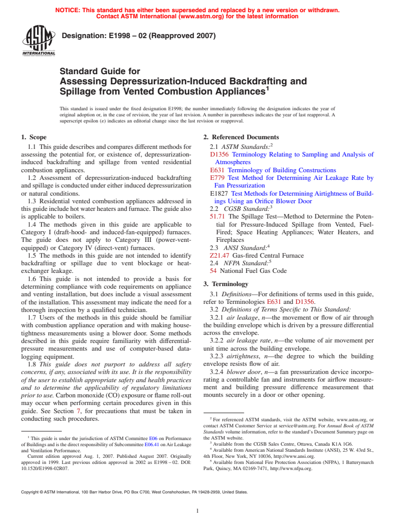 ASTM E1998-02(2007) - Standard Guide for Assessing Depressurization-Induced Backdrafting and Spillage from Vented Combustion Appliances