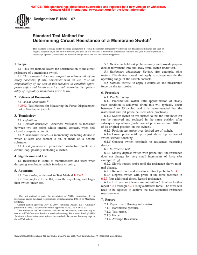 ASTM F1680-07 - Standard Test Method for Determining Circuit Resistance of a Membrane Switch