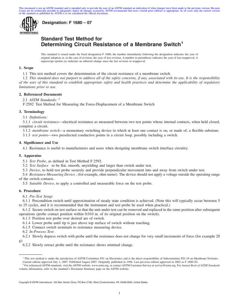 REDLINE ASTM F1680-07 - Standard Test Method for Determining Circuit Resistance of a Membrane Switch