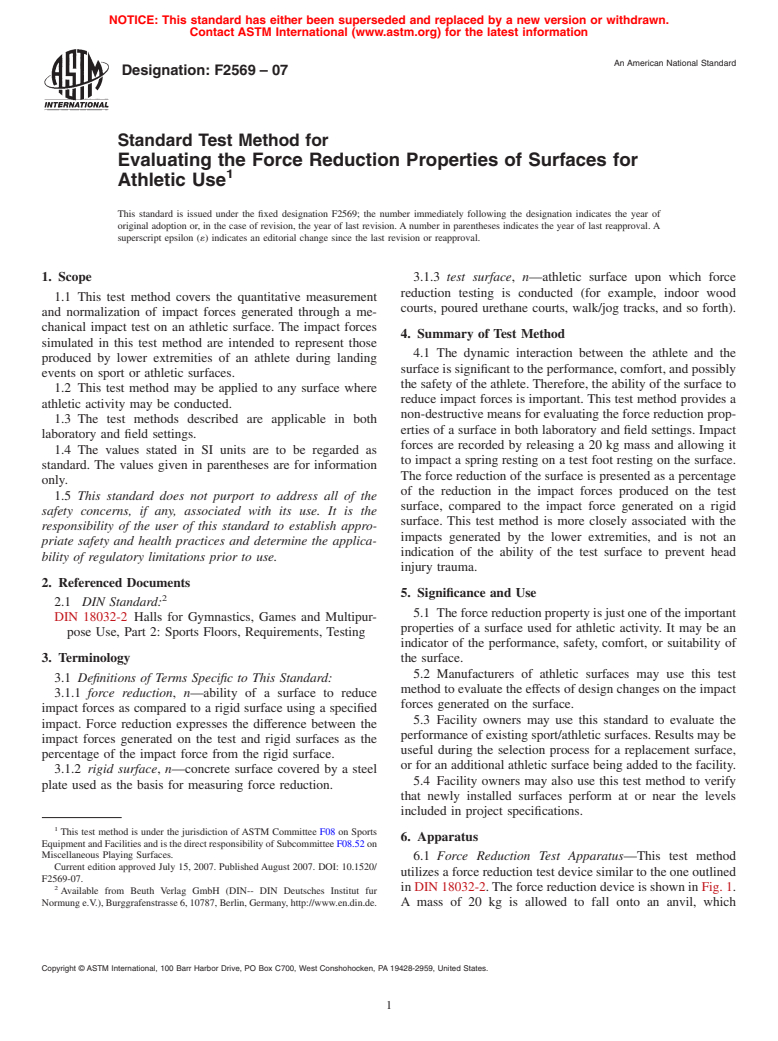 ASTM F2569-07 - Standard Test Method for Evaluating the Force Reduction Properties of Surfaces for Athletic Use