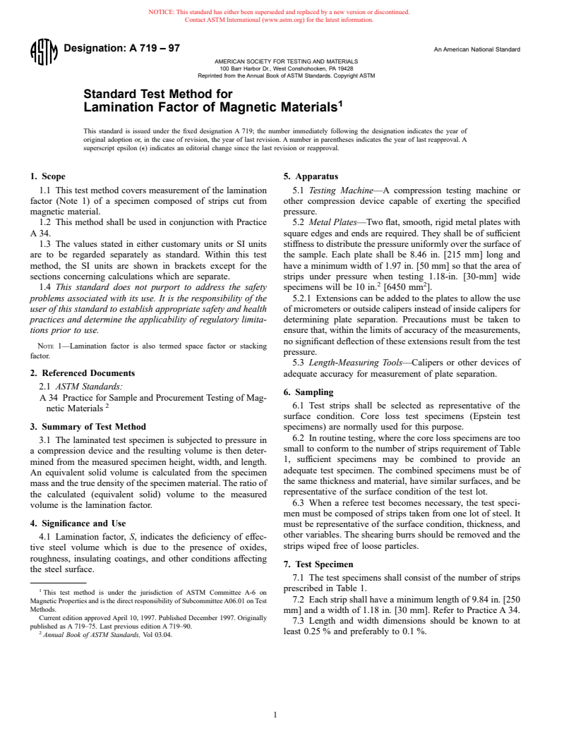 ASTM A719-97 - Standard Test Method for Lamination Factor of Magnetic Materials