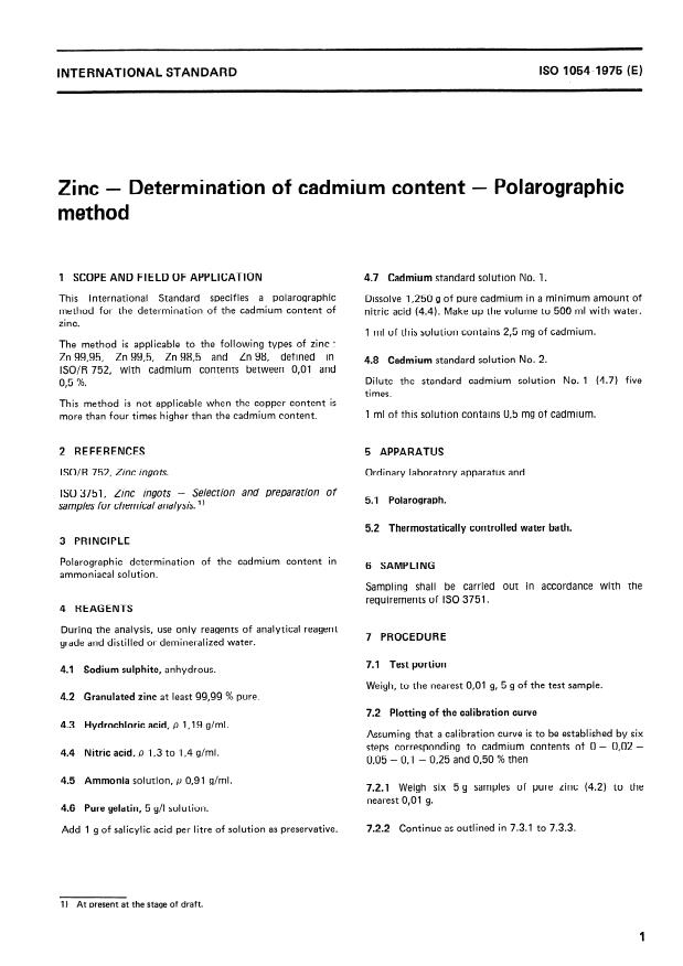 ISO 1054:1975 - Zinc -- Determination of cadmium content -- Polarographic method