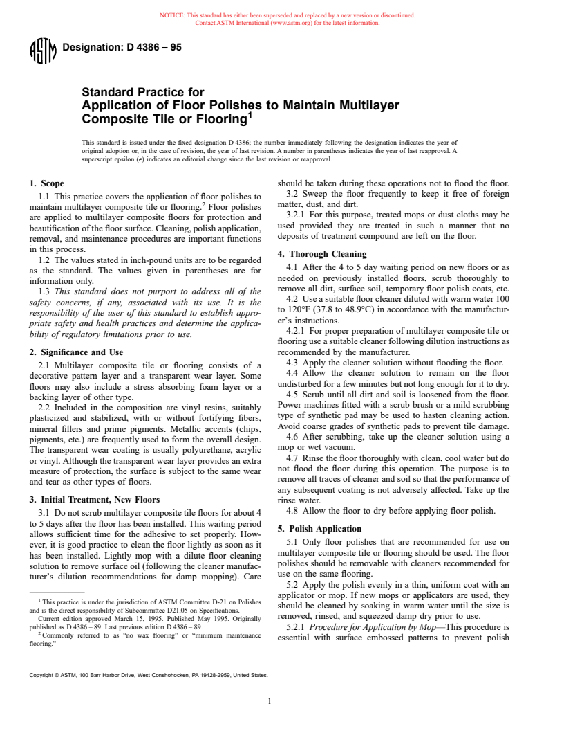 ASTM D4386-95 - Standard Practice for Application of Floor Polishes to Maintain Multilayer Composite Tile or Flooring