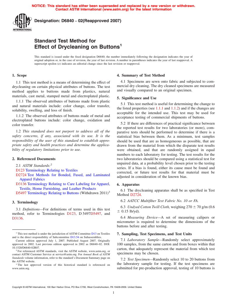 ASTM D6840-02(2007) - Standard Test Method for Effect of Drycleaning on Buttons