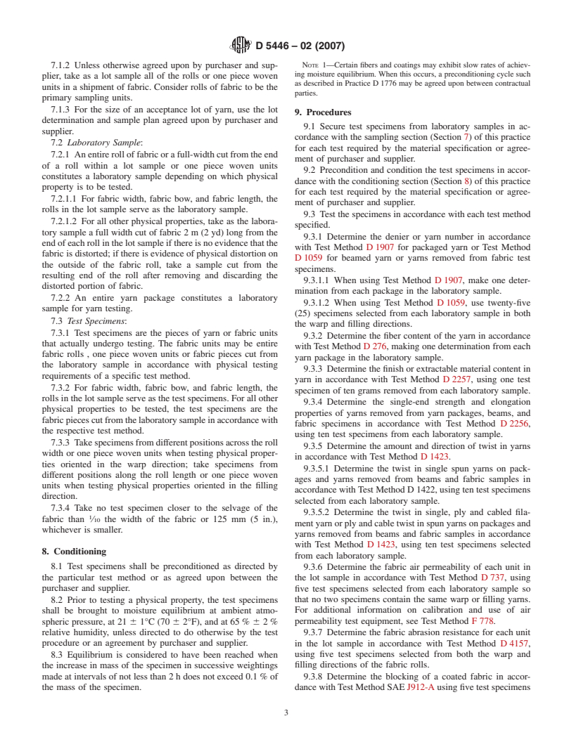 ASTM D5446-02(2007) - Standard Practice for Determining Physical Properties of Fabrics, Yarns, and Sewing Thread Used in Inflatable Restraints