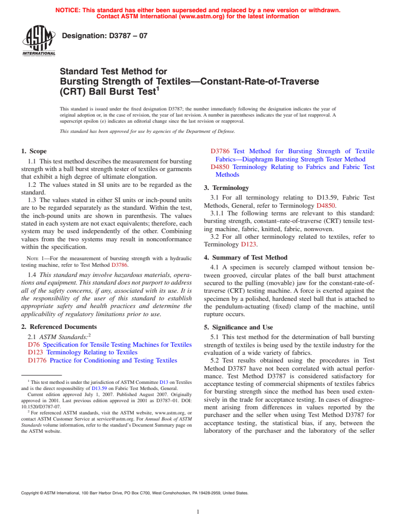 ASTM D3787-07 - Standard Test Method for Bursting Strength of Textiles-Constant-Rate-of-Traverse (CRT) Ball Burst Test