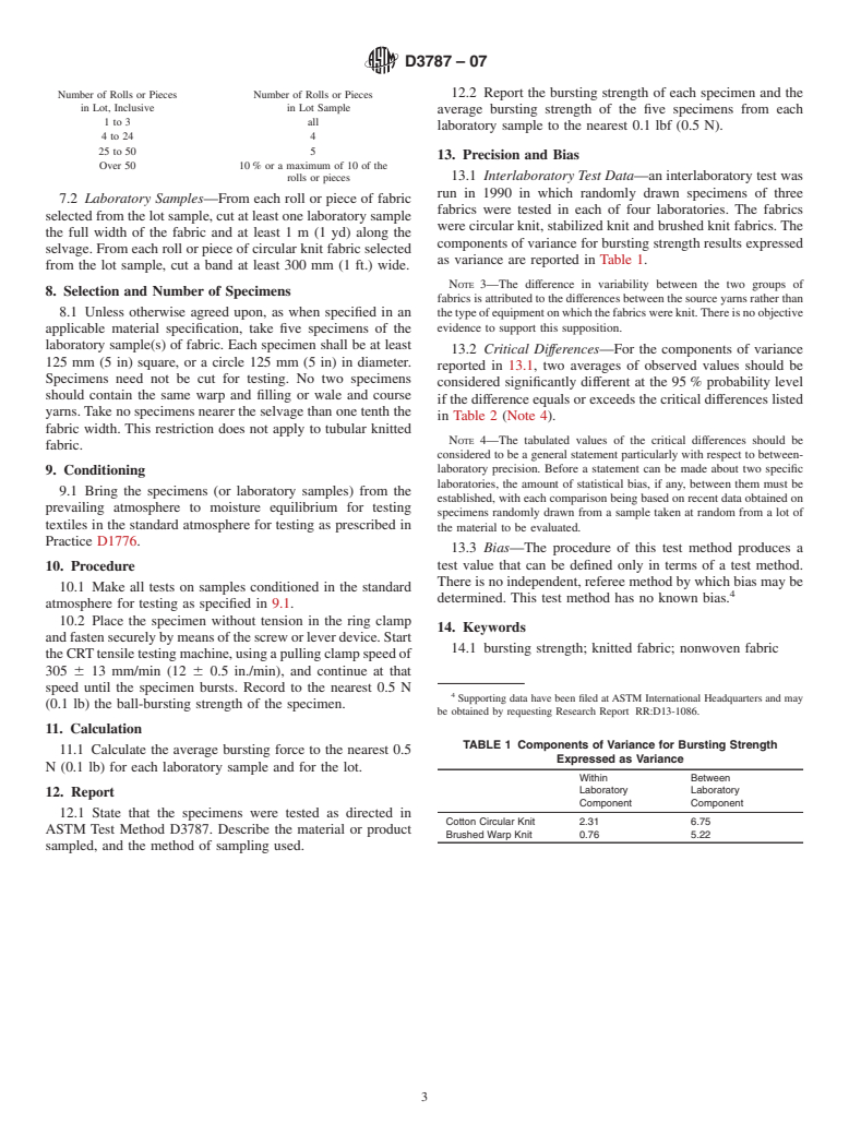 ASTM D3787-07 - Standard Test Method for Bursting Strength of Textiles-Constant-Rate-of-Traverse (CRT) Ball Burst Test