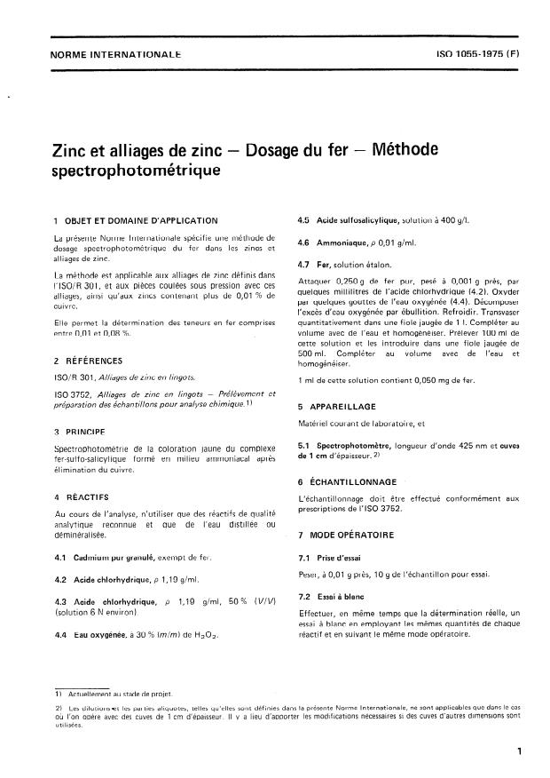 ISO 1055:1975 - Zinc et alliages de zinc -- Dosage du fer -- Méthode spectrophotométrique