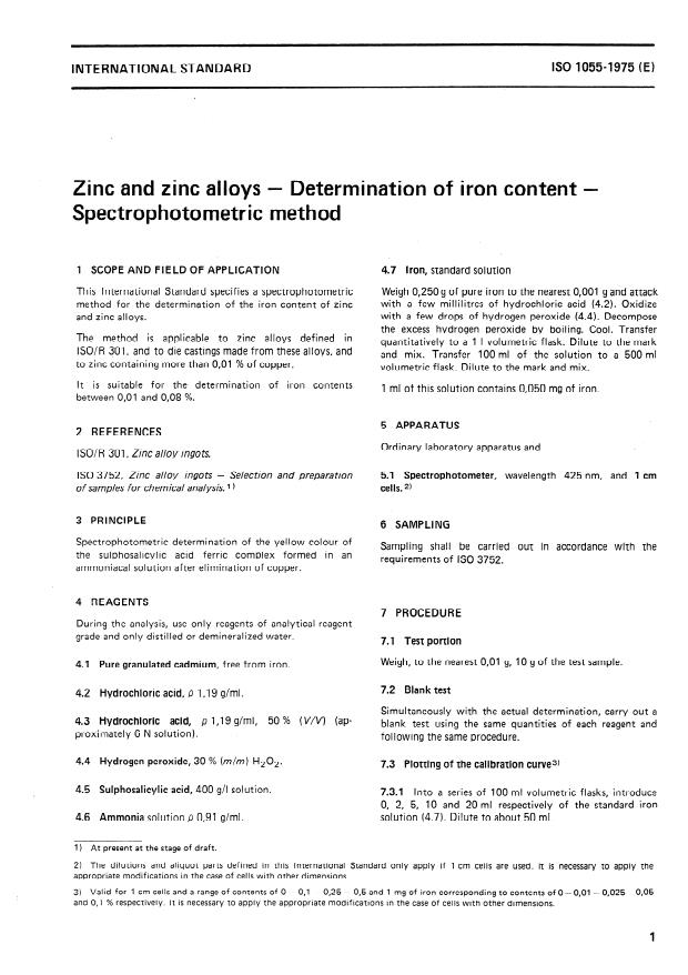 ISO 1055:1975 - Zinc and zinc alloys -- Determination of iron content -- Spectrophotometric method