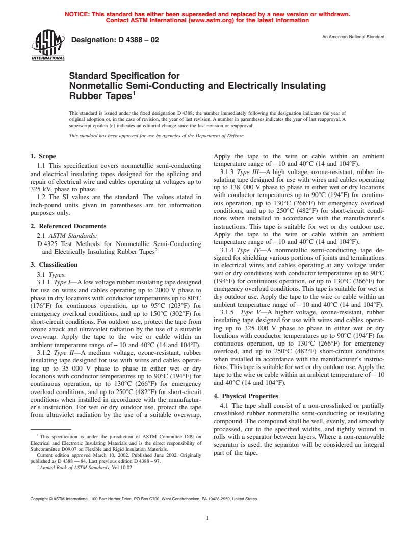 ASTM D4388-02 - Standard Specification for Nonmetallic Semi-Conducting and Electrically Insulating Rubber Tapes