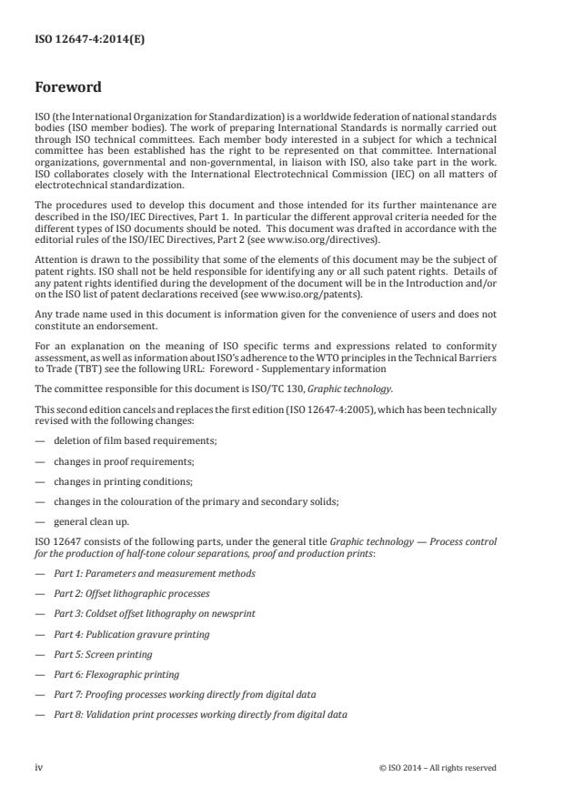 ISO 12647-4:2014 ISO 12647-4:2014 - Graphic technology -- Process control for the production of half-tone colour separations, proof and production prints - Page 4 preview