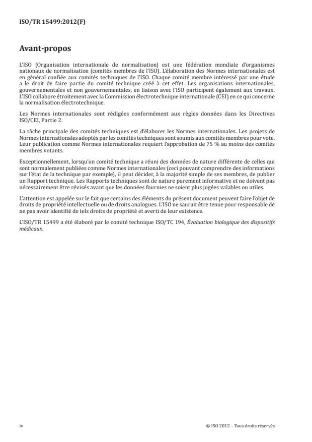 ISO/TR 15499:2012 ISO/TR 15499:2012 - Évaluation biologique des dispositifs médicaux -- Directives relatives a la conduite d'une évaluation biologique au sein d'un procédé de management du risque - Page 4 preview