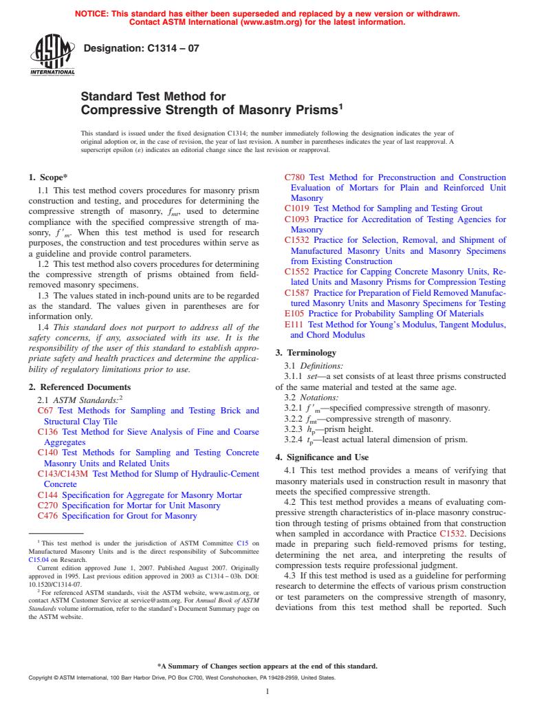 ASTM C1314-07 - Standard Test Method for Compressive Strength of Masonry Prisms