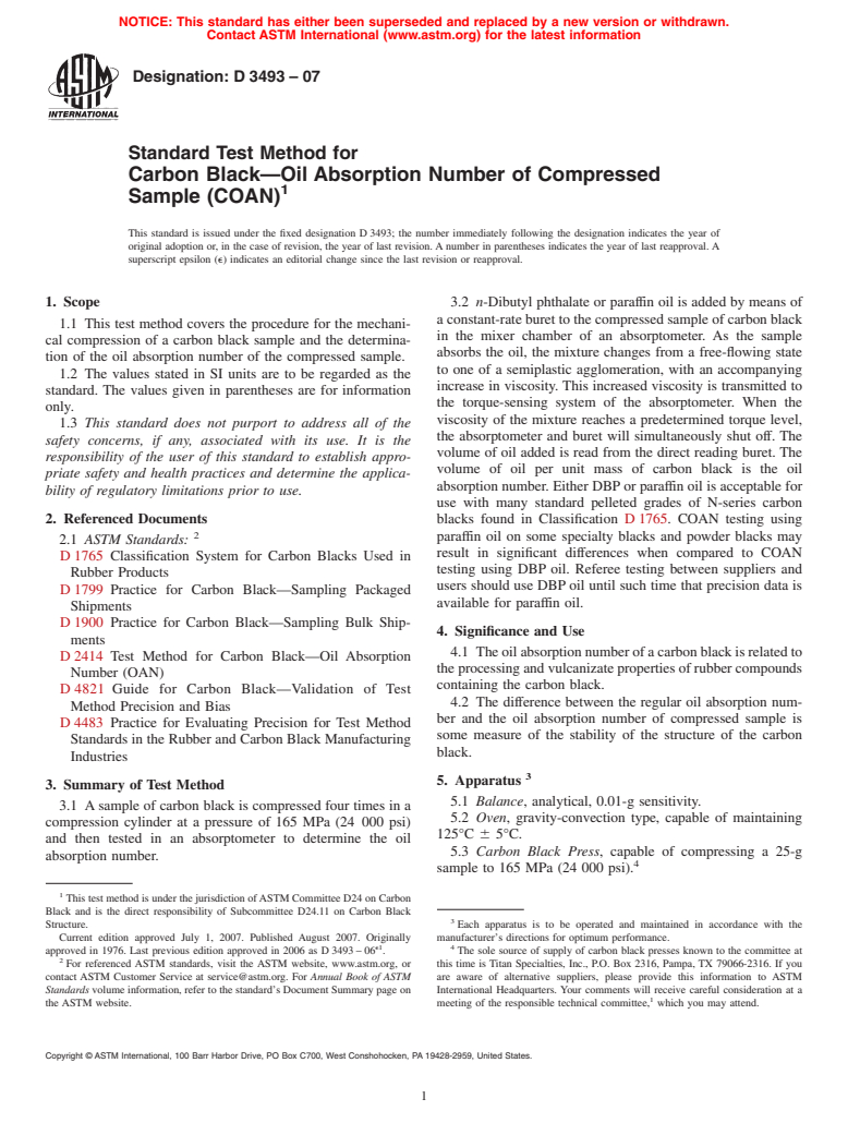 ASTM D3493-07 - Standard Test Method for Carbon Black-Oil Absorption Number of Compressed Sample (COAN)