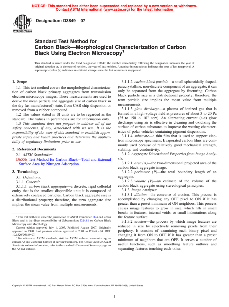 ASTM D3849-07 - Standard Test Method for Carbon Black-Morphological Characterization of Carbon Black Using Electron Microscopy