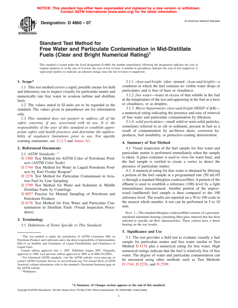 ASTM D4860-07 - Standard Test Method for Free Water and Particulate Contamination in Mid-Distillate Fuels (Clear and Bright Numerical Rating)