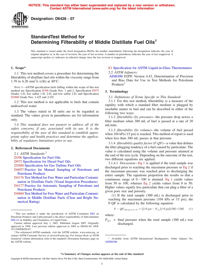 ASTM D6426-07 - Standard Test Method for Determining Filterability of Middle Distillate Fuel Oils