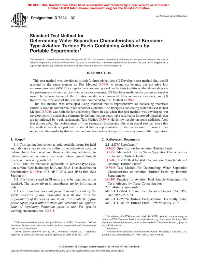 ASTM D7224-07 - Standard Test Method for Determining Water Separation Characteristics of Kerosine-Type Aviation Turbine Fuels Containing Additives by Portable Separometer