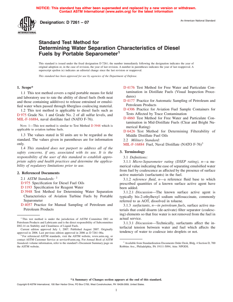 ASTM D7261-07 - Standard Test Method for Determining Water Separation Characteristics of Diesel Fuels by Portable Separometer