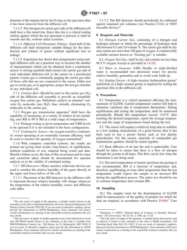 ASTM F1927-07 - Standard Test Method for Determination of Oxygen Gas Transmission Rate, Permeability and Permeance at Controlled Relative Humidity Through Barrier Materials Using a Coulometric Detector