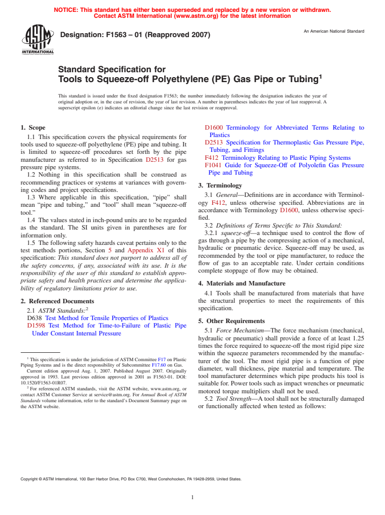 ASTM F1563-01(2007) - Standard Specification for Tools to Squeeze-off Polyethylene (PE) Gas Pipe or Tubing