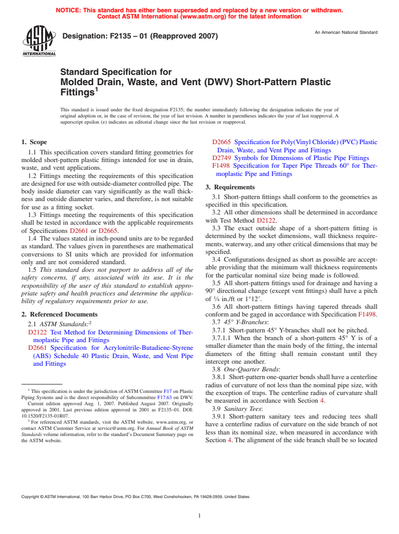 ASTM F2135-01(2007) - Standard Specification for Molded Drain, Waste, and Vent (DWV) Short-Pattern Plastic Fittings