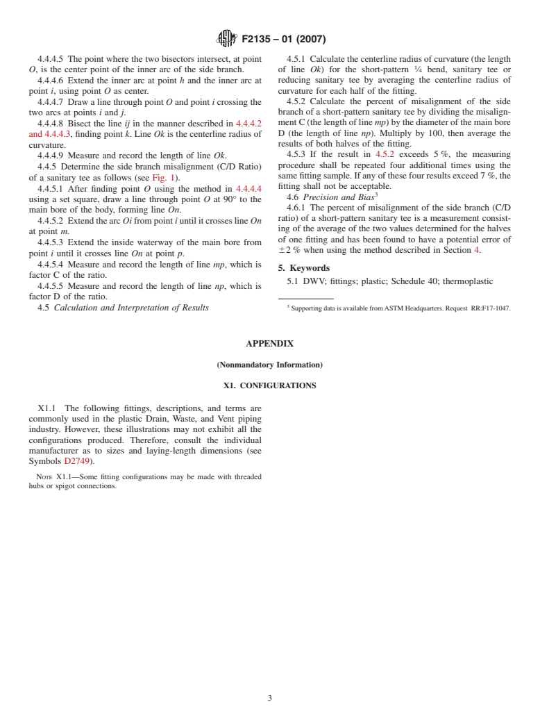 ASTM F2135-01(2007) - Standard Specification for Molded Drain, Waste, and Vent (DWV) Short-Pattern Plastic Fittings