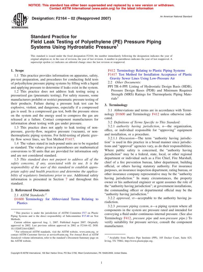 ASTM F2164-02(2007) - Standard Practice for Field Leak Testing of Polyethylene (PE) Pressure Piping Systems Using Hydrostatic Pressure