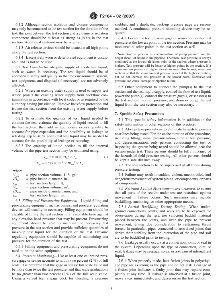 ASTM F2164-02(2007) - Standard Practice for Field Leak Testing of Polyethylene (PE) Pressure Piping Systems Using Hydrostatic Pressure