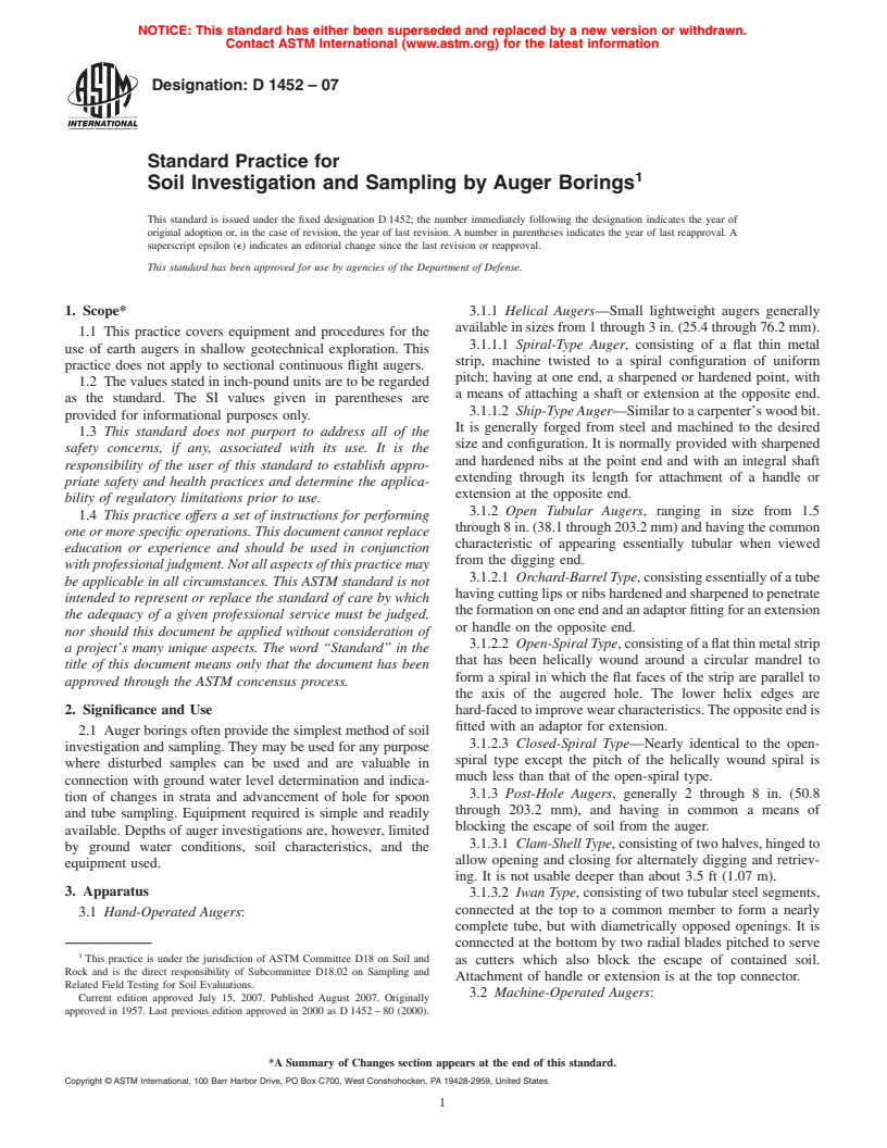 ASTM D1452-07 - Standard Practice for Soil Investigation and Sampling by Auger Borings