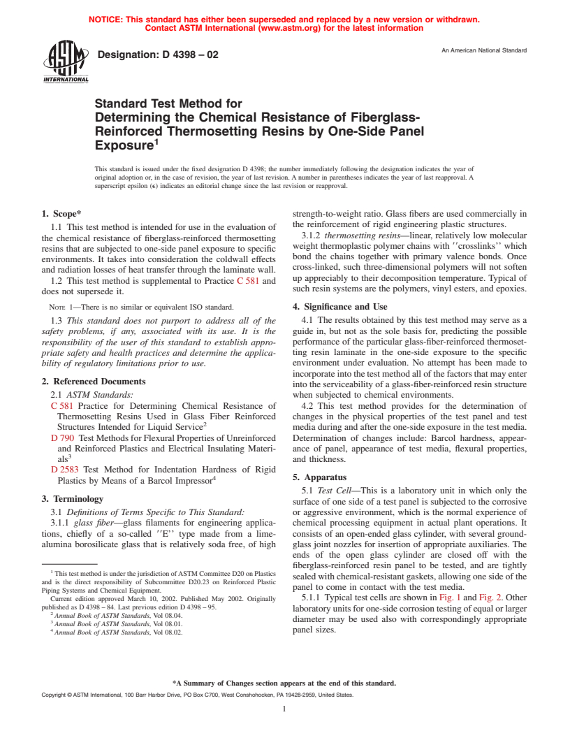 ASTM D4398-02 - Standard Test Method for Determining the Chemical Resistance of Fiberglass-Reinforced Thermosetting Resins by One-Side Panel Exposure