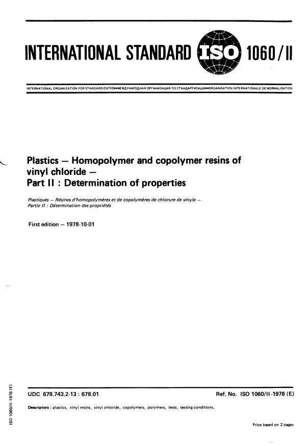 ISO 1060-2:1978 - Plastics -- Homopolymer and copolymer resins of vinyl chloride