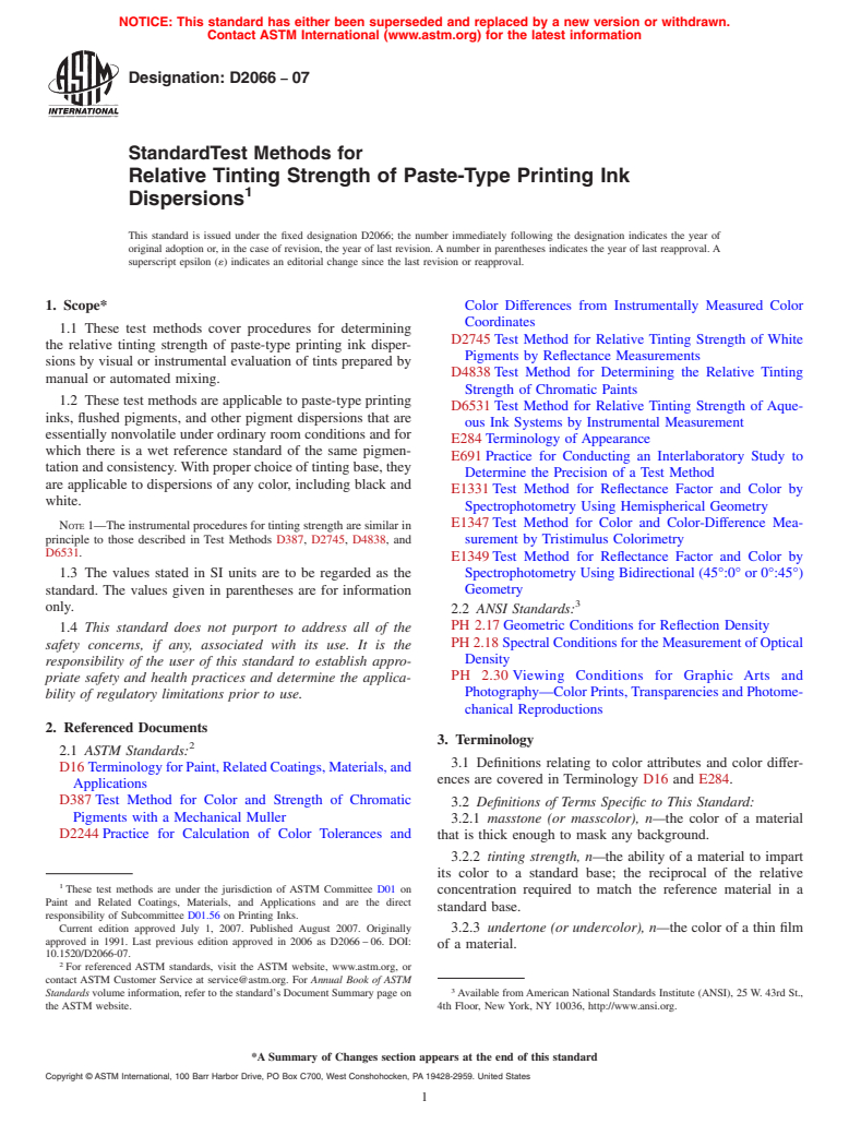 ASTM D2066-07 - Standard Test Methods for Relative Tinting Strength of Paste-Type Printing Ink Dispersions