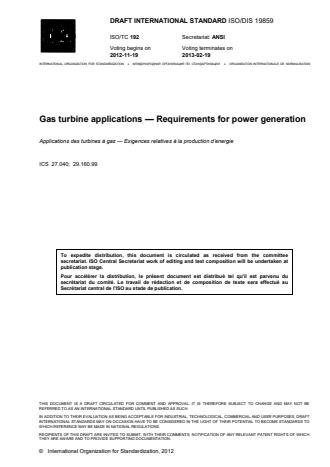 ISO 19859:2016 - Gas turbine applications -- Requirements for power generation