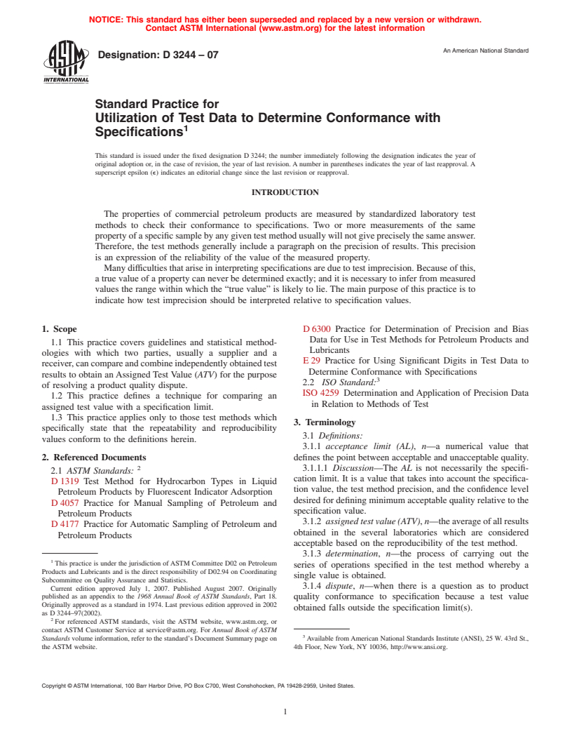 ASTM D3244-07 - Standard Practice for Utilization of Test Data to Determine Conformance with Specifications