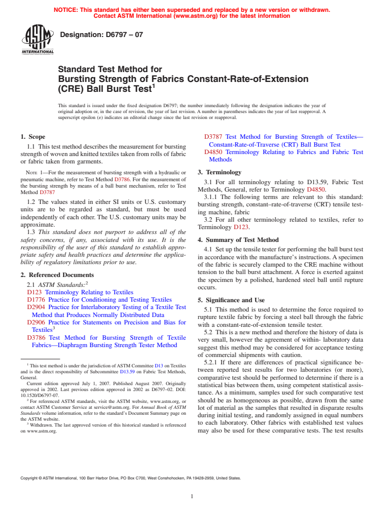 ASTM D6797-07 - Standard Test Method for Bursting Strength of Fabrics Constant-Rate-of-Extension (CRE) Ball Burst Test