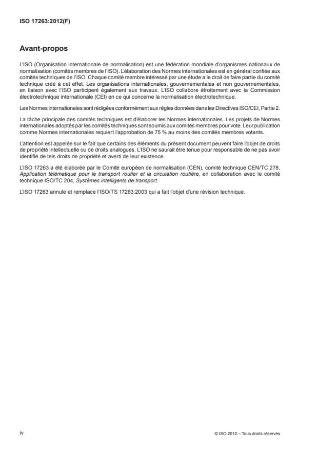 ISO 17263:2012 ISO 17263:2012 - Systemes intelligents de transport -- Identification automatique des véhicules et des équipements -- Parametres des systemes - Page 4 preview