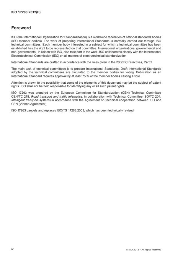 ISO 17263:2012 ISO 17263:2012 - Intelligent transport systems -- Automatic vehicle and equipment identification -- System parameters - Page 4 preview