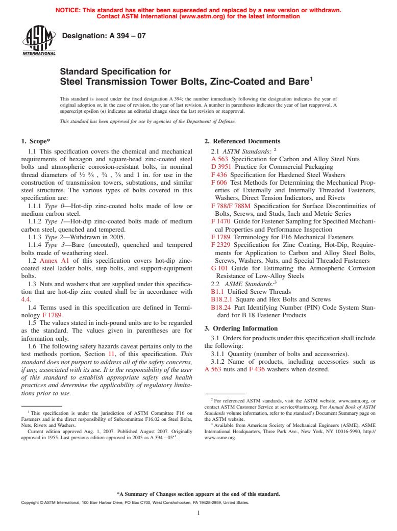 ASTM A394-07 - Standard Specification for Steel Transmission Tower Bolts, Zinc-Coated and Bare