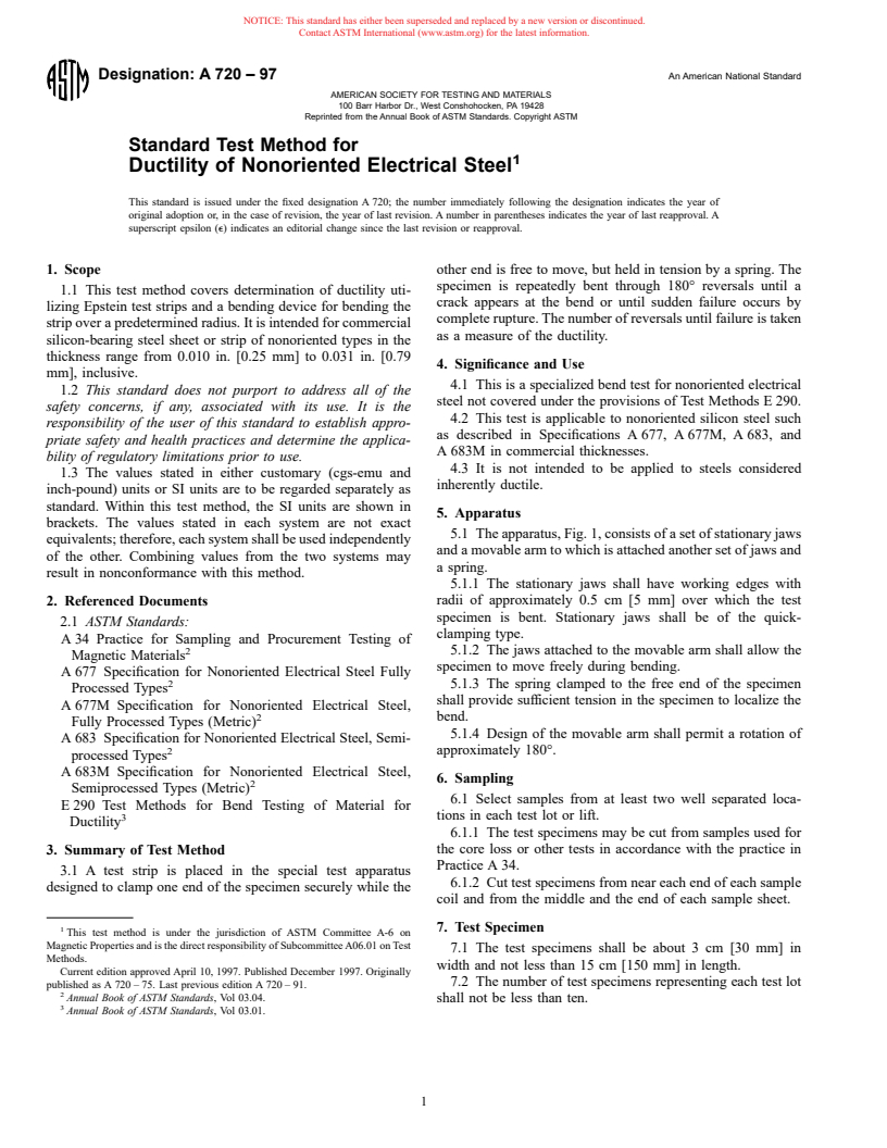 ASTM A720-97 - Standard Test Method for Ductility of Nonoriented Electrical Steel